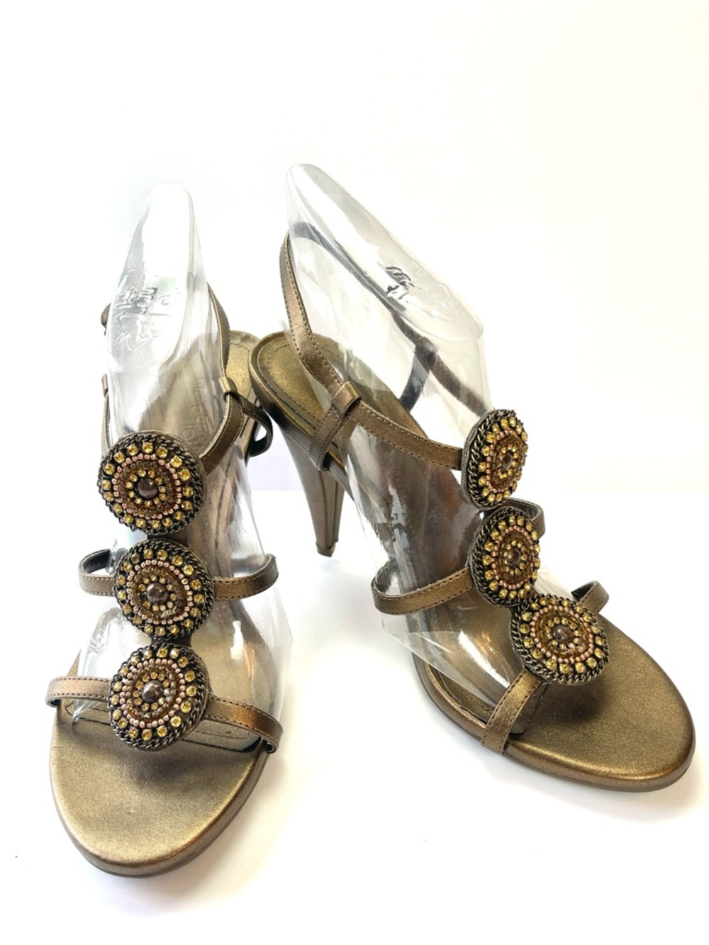 KENNETH COLE REACTION BRONZE BEADED TRIPLE MEDALLION STRAPPY HEELS